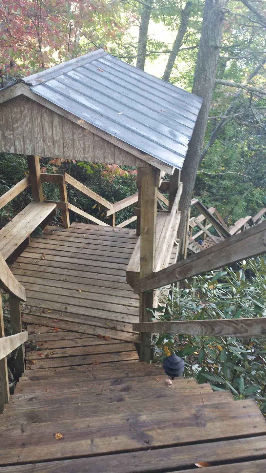 Metal roofed shelter over wooden steps on a wooded walkway — Skylight Repair & Installation work by our crew in Kandiyohi